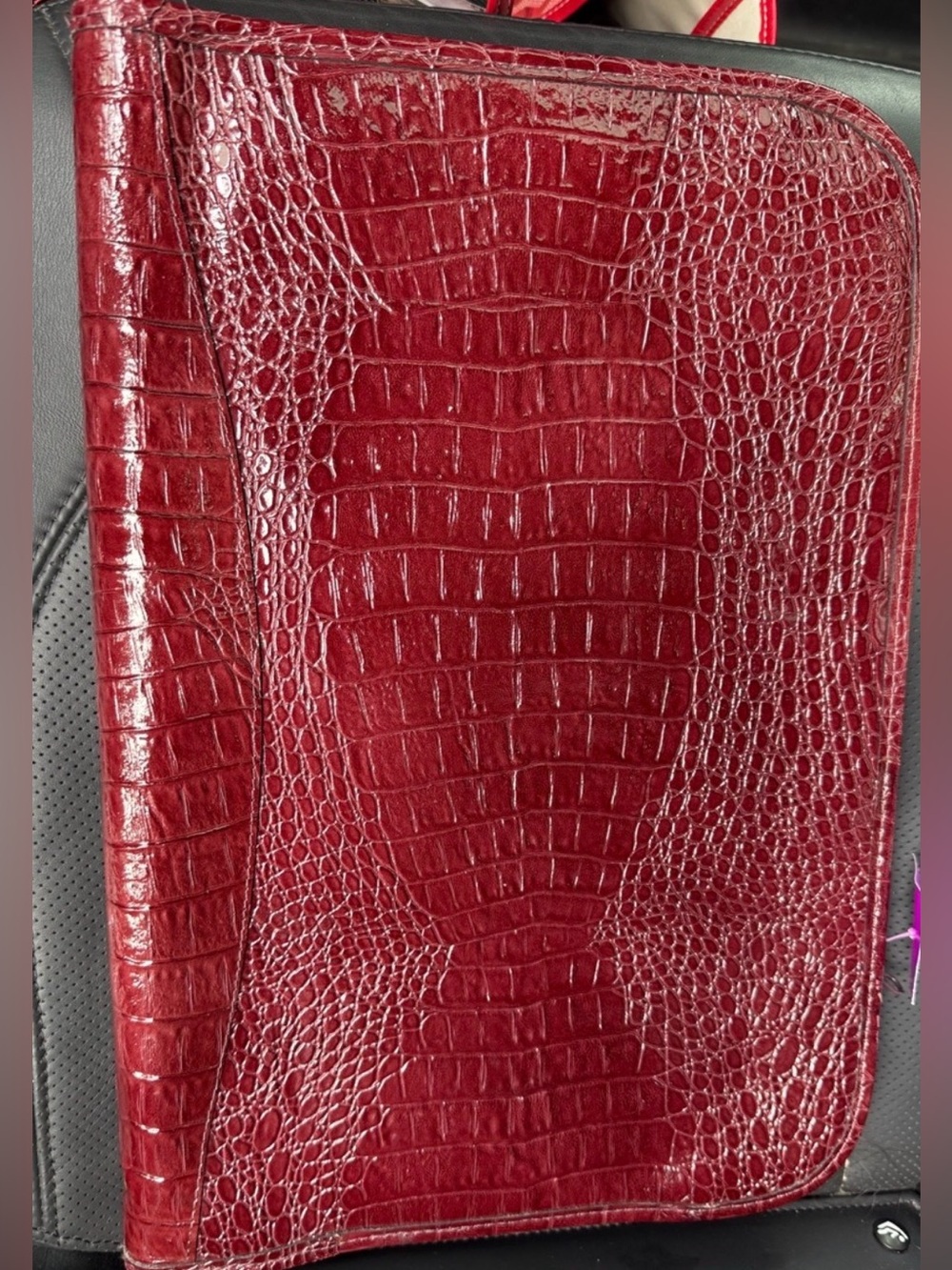 Vintage Burgundy Croc Embossed Leather Portfolio Laptop Document Case Korea